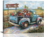 Farmhouse Truck Wall Art Rustic Country Wildflowers Wall Decor Road Flowers Landscape Pictures Canvas Print Painting Artwork for Bathroom Living Room Bedroom 20"x24"