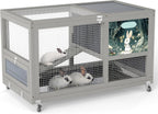 COZIWOW Fashionable Wood 36In Rabbit Hutch Indoor on Wheels Bunny Cage Outdoor Rabbit Cage with Clean Tray, Openable Roof, Anti-Slip Ramp for Small Bunny Rabbit (Grey with Pattern)