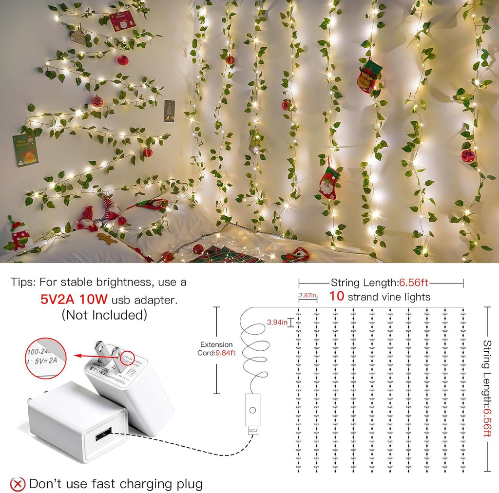 suddus Vines with Lights, 200 LED Fairy Lights with Vines, Pothos Curtain String Lights with Remote for Bedroom, Dorm, Wedding, Party, Wall, Indoor, Outdoor Decor, 6.5ft x 6.5ft