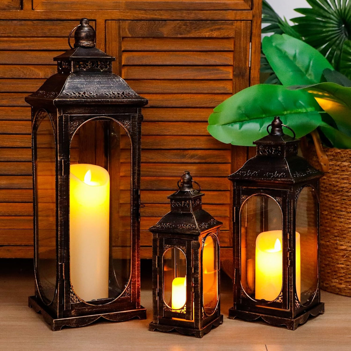 TRIROCKS Set of 3 Vintage Candle Lanterns 10/14/19.5''H Decorative Outdoor Lantern Metal Candle Holder with Tempered Glass for Home Living Room Garden Yard Event Indoor Outdoor (Black with Gold Brush)