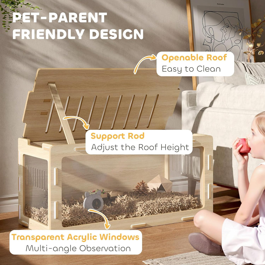 PawHut Hamster Cage with Easy View Acrylic Panels, Small Animal Cage with Air Vents & Openable Roof, Large Habitat for Dwarf, Gerbil, Guinea Pig, Rat, 39" x 20" x 18.5", Oak