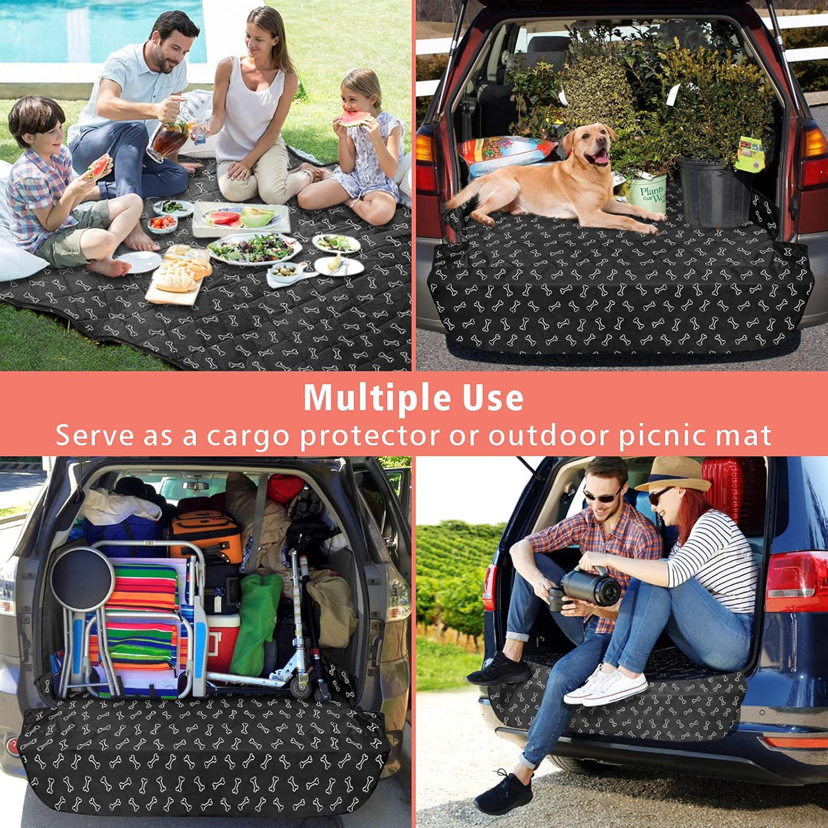 F-color SUV Cargo Liner for Dogs, Water Resistant Pet Cargo Cover Dog Seat Cover Mat for SUVs Sedans Vans with Bumper Flap Protector, Non-Slip, Large Size Universal Fit, Bone