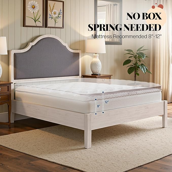 Jocisland Full Size Bed Frame with Tall Upholstered Curved Headboard, Solid Wood Platform Bed, No Box Spring Needed, Wood Slat Support, Easy Assembly, White