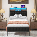 VECELO Farmhouse Metal Bed Frame Twin Size with Wooden Headboard & Footboard, Solid Platform Mattress Foundation with Storage, LED Light, Charging Station, USB Ports, Noise-Free, Easy Assembly, Black