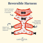 Lucy & Co. Reversible Dog Harness - Water-Repellent Neoprene, Dual-Print Design, Easy Swap Style, Adjustable Comfort Fit - Cheery Cherries Reversible Harness - X-Small