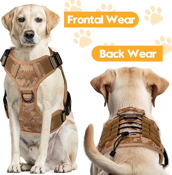 Heavy-Duty Tactical Dog Harness for Large Dogs, No Pull Adjustable Reflective Pet Vest with Molle System, K9 Military-Grade Control for Service Training, Outdoor & 10+ Breeds, Khaki Camo, XX-Large