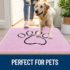 OLANLY Dog Door Mat for Muddy Paws 48x30, Paw Print Design, Absorbs Moisture and Dirt, Absorbent Non-Slip Washable Doormat, Quick Dry Chenille Mud Mat for Dogs, Entry Indoor Entryway Carpet, Pink