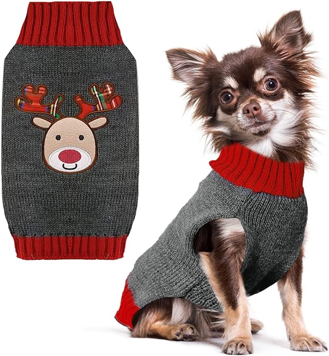 PETCARE Reindeer Christmas Dog Sweater Gray Cat Sweater Vest Cartoon Elk Pet Holiday Dog Clothes Puppy Sweaters for Small Medium Large Dogs Cats Fall Winter Outfits Xmas Dogs Costume,XX-Small