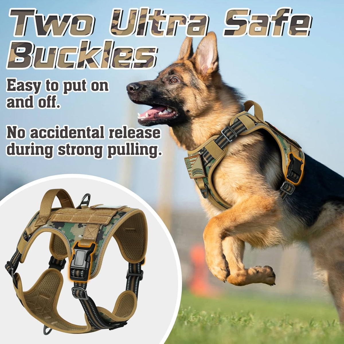 rabbitgoo Tactical Dog Harness for Large Dogs, No Pull Military Service Vest with Handle & Molle, Easy Control for Training Walking, Adjustable Reflective Straps, Brown camo, XL