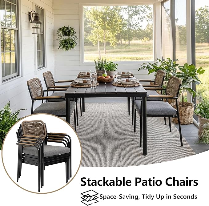 Outdoor Dining Chairs Set of 6, Wicker Patio Dining Chairs with Removable Cushions, Rectangle Patio Table Chair, All Weather Outdoor Chairs, Metal Lawn Chair for Adults/Indoor/Balcony, Gray