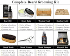 Striking Viking Beard Grooming Kit with Caddy - 7 Piece Set, Sandalwood | Softening Sandalwood Beard Oil & Balm - Brush with Mustache Comb & Scissors - Compact Caddy Organizer & Gifts for Men