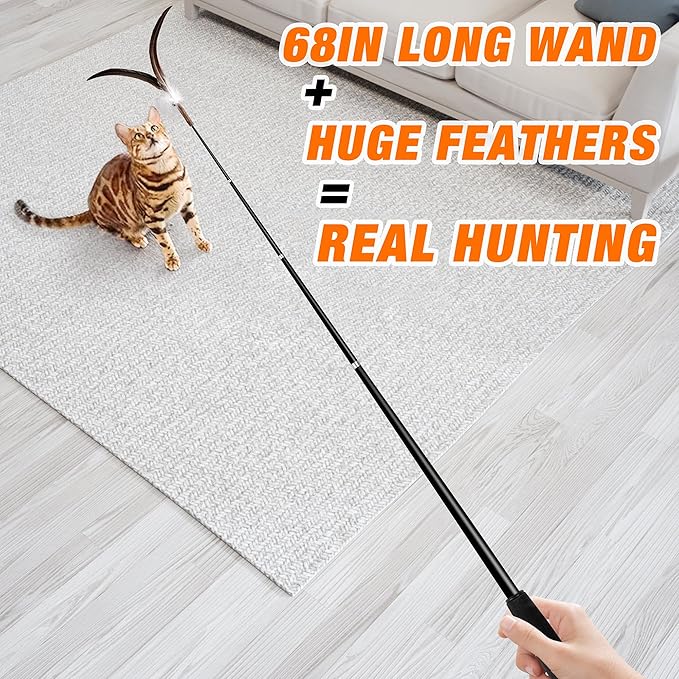 JXFUKAL 2025 Latest Cat Wand Toy, 68”Extra Long Cat Fishing Pole Toy, 4PCS Natural Huge Feather Refills with Silvervine Sticks for Indoor Cats Kitten Kitty Teeth Cleaning Exercise Accessories