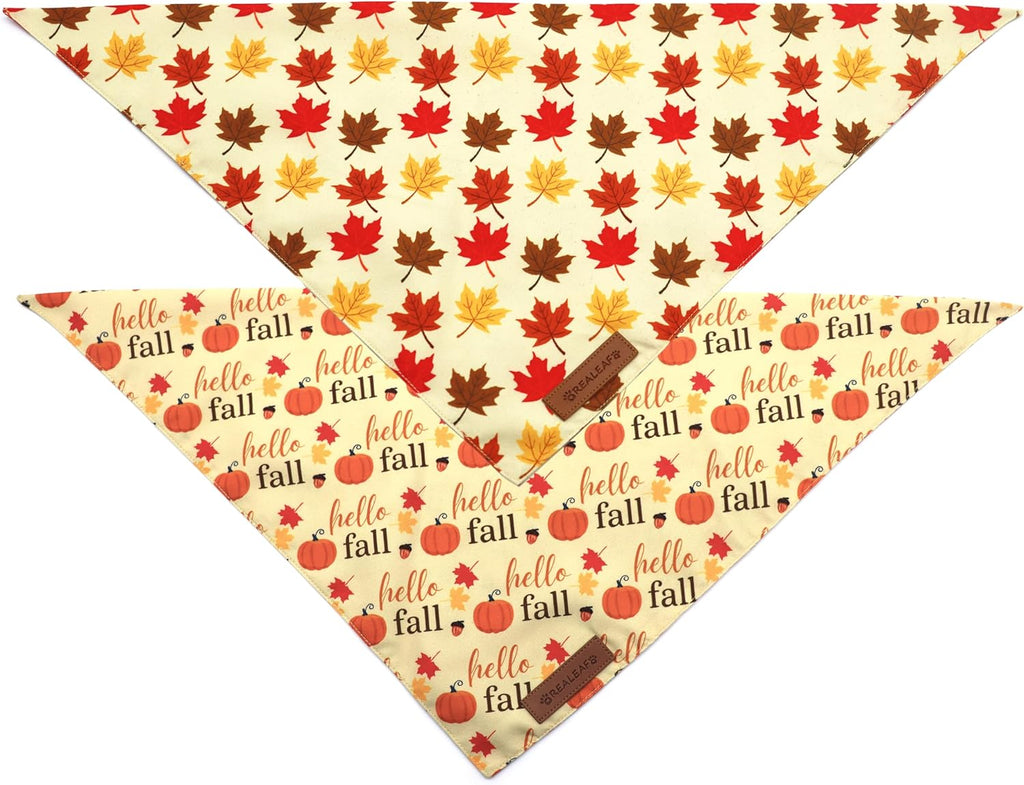 Realeaf Fall Dog Bandanas 2 Pack, Orange Pumpkin and Leaf Print Pet Scarf for Boy and Girl, Premium Durable Fabric, Holiday Bandana for Large and X-Large Dogs (X-Large)