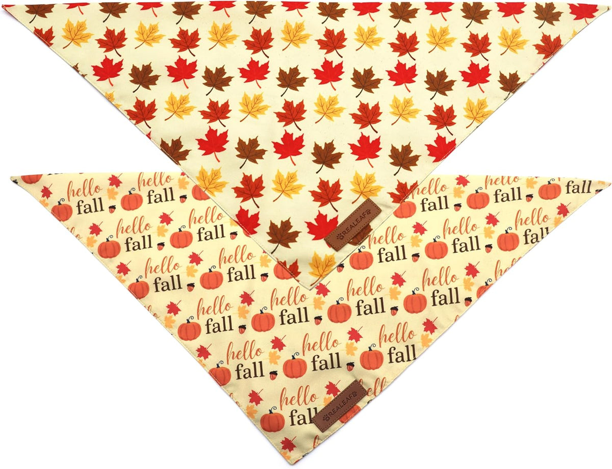 Realeaf Fall Dog Bandanas 2 Pack, Orange Pumpkin and Leaf Print Pet Scarf for Boy and Girl, Premium Durable Fabric, Holiday Bandana for Large and X-Large Dogs (X-Large)