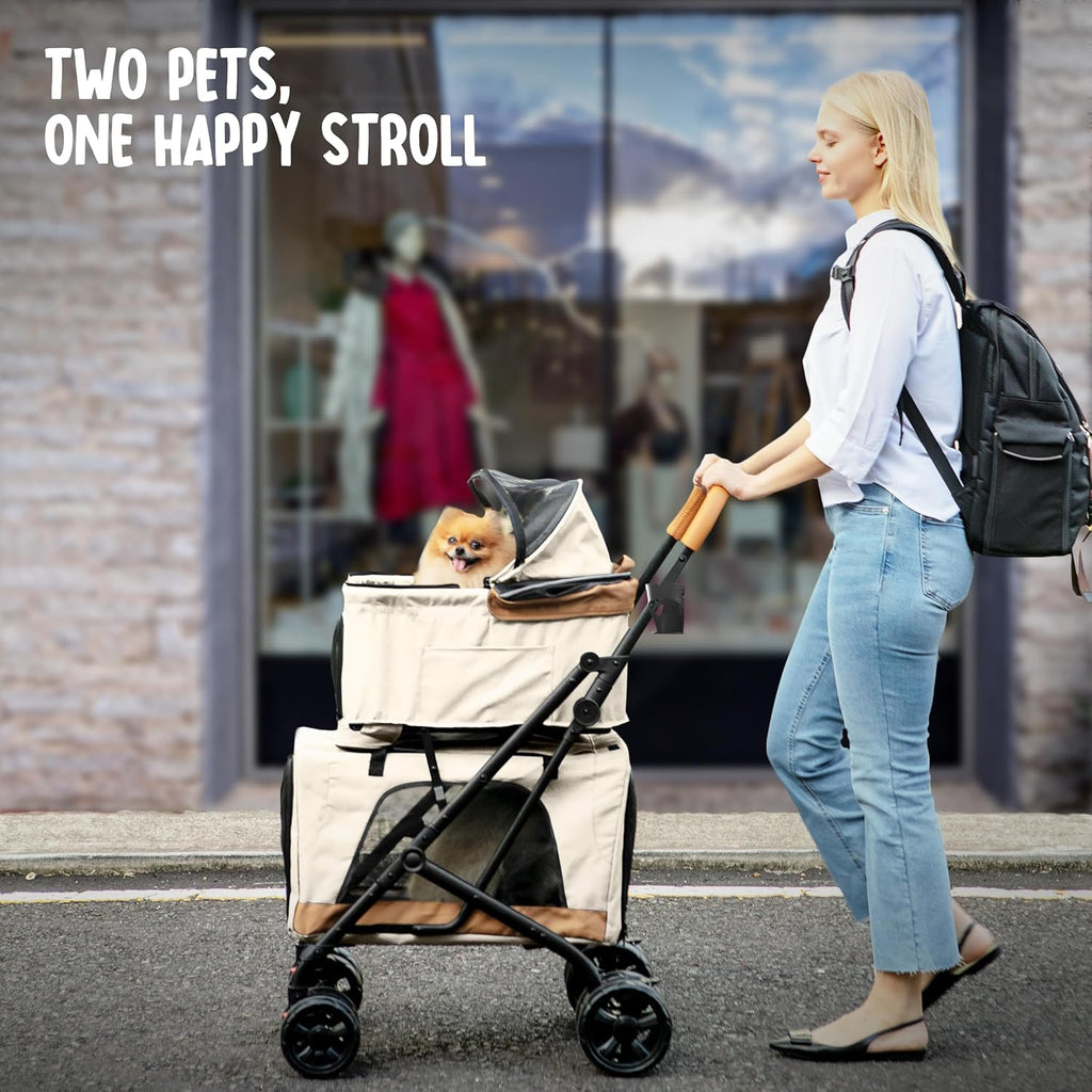 Double Pet Stroller with Detachable Carriers - Ideal for 2 Dogs or Cats - Compact & Convenient Design - Easy Assembly Double Dog Stroller - Cosmic Beige