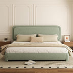 King Bed Frame, Teddy Velvet Boucle Bed Frame with 43.3"/45.3" Adjustable Upholstered Headboard, Rounded Corners, Mattress Foundation, No Box Spring Required, Green