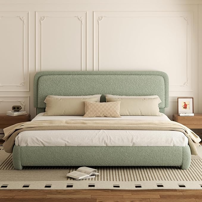 King Bed Frame, Teddy Velvet Boucle Bed Frame with 43.3"/45.3" Adjustable Upholstered Headboard, Rounded Corners, Mattress Foundation, No Box Spring Required, Green