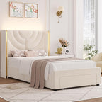 HITHOS Twin Upholstered LED Bed Frame with Storage Drawer, Velvet Kids Bed with Wingback Headboard, Princess Twin Platform Bed for Girls/Kids, Solid Wood Slats Support, No Box Spring Needed, Beige