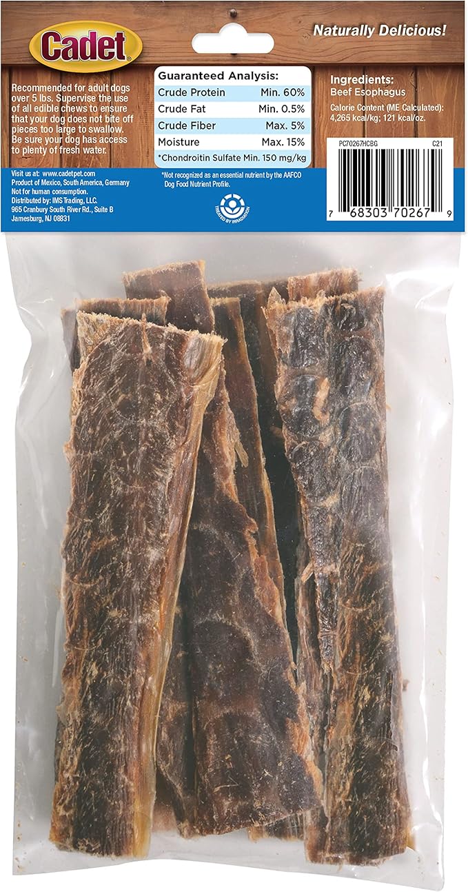 Cadet Slim Cut 100% Beef Strips Dog Treats - Long-Lasting, Healthy, & Natural Beef Esophagus Treats for Small & Large Dogs - Low Calorie & High Protein Dog Chews, Medium (2.8 oz.) (Pack of 4)