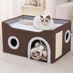 Loyareal Cat Houses for Indoor Cats - Large Cat Bed Cave with Scratch Pad and Fluffy Ball, Foldable Cat Condo Hideaway with Reversible Cushion for Multi Small Pet，Brown