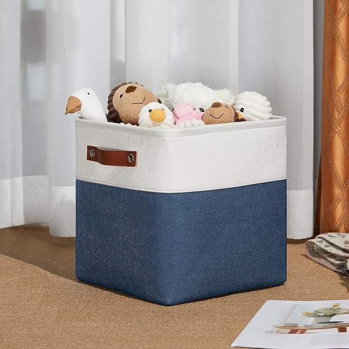 DULLEMELO [Set of 4 Storage Cubes Baskets for Organizing, 11 x 11 x 11 inch Cube Storage Organizer Bins with Leather Handles, Foldable Fabric Cloth Bins for Cube Storage(4 Pack - 11" White&Blue)