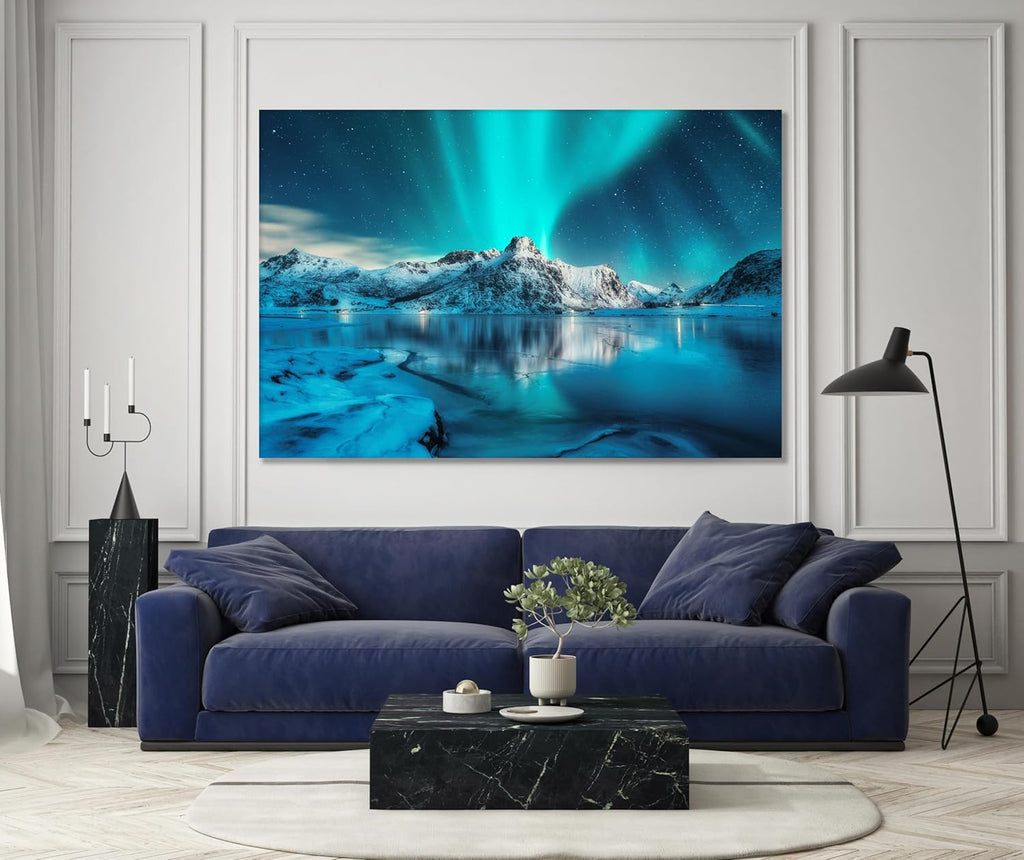 Nature Wall Art Prints - Ocean Forest Mountain Lake Canvas Landscapes - Small to Extra Large Living Room Bedroom Kitchen Bathroom Décor (Northern Lights Over Lake, 20L" x 30W")