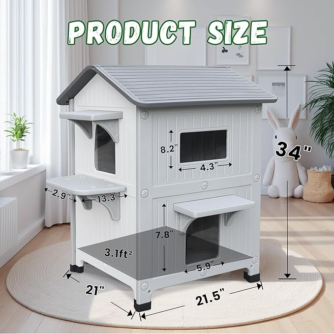Plastic Outdoor Cat House with Escape Door, Waterproof 2 Story Outdoor Houses for Feral Cats Outside Cat Shelter, Spacious, Clean and Assemble Easily