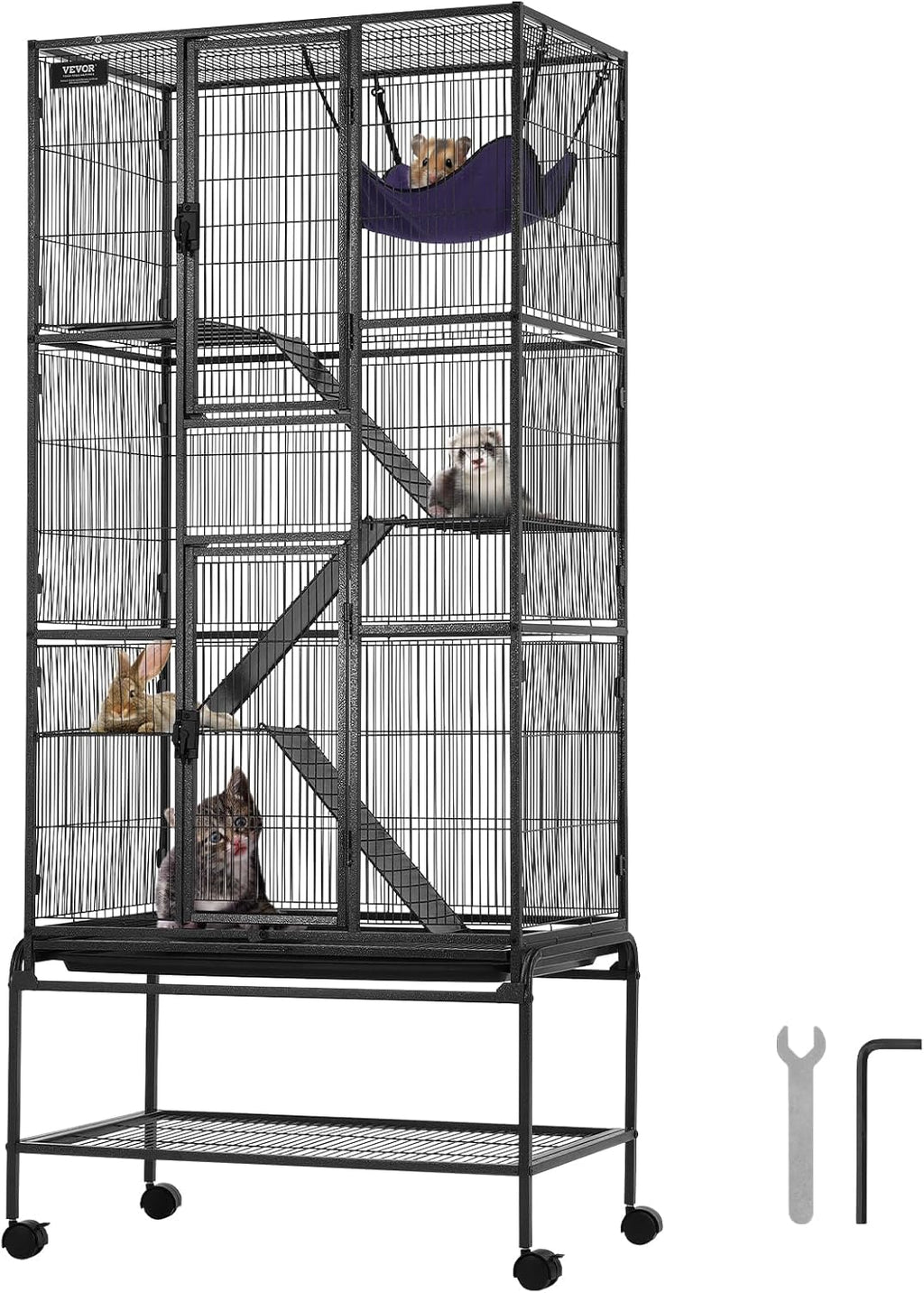 VEVOR 69" Rolling Metal Ferret Cage, Large 4-Tier Critter Nation Cage, Small Animal Cage with Ramps & Tray, Easy to Set up for Pet Mice, Hamster, Guinea Pig, Chinchilla, Squirrel, Hedgehogs, Bunny