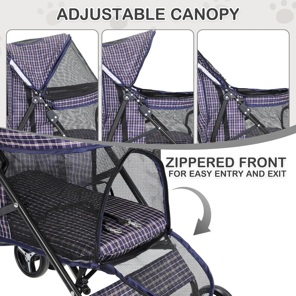 MoNiBloom 4 Wheels Pet Stroller, Easy-Fold Umbrella Shaped Dog Cat Jogger Stroller w/Storage Bag & Visible Mesh for Small/Medium Dogs Cats Plaid