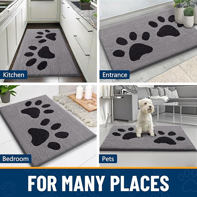 Smiry Dog Door Mat for Muddy Paws, Absorbs Moisture and Dirt, Low-Profile Entryway Mat with Non-Slip Backing, Entry Indoor Outdoor Doormat for Inside Floor (48x30 Inches, Grey, Paw)