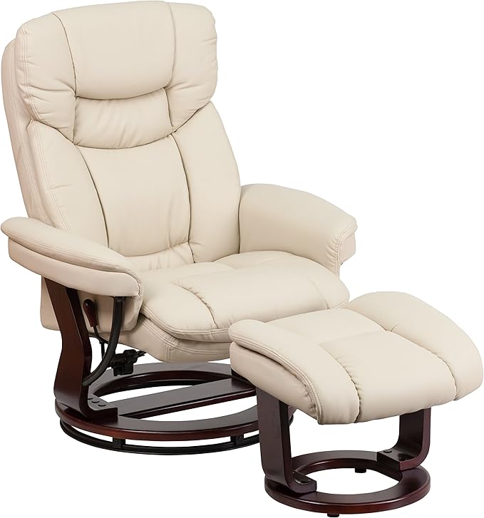 Flash Furniture Allie LeatherSoft Upholstered Recliner with Ottoman Footrest, Padded Swiveling Recliner Chair and Ottoman Set, Beige