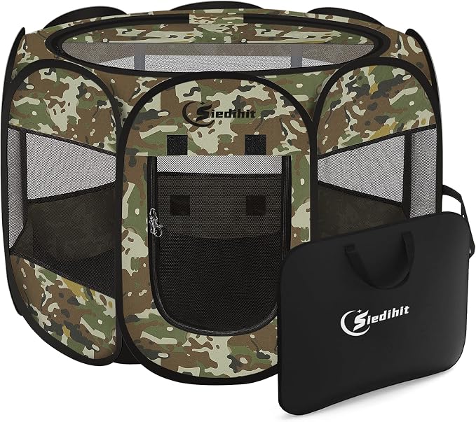 Siedihit Dog Cat Playpen, Medium Puppy Pet Playpen, Dog Crate Tent Cage | Indoor/Outdoor, Portable Pop Up Dogs Kennel Playpen with Carrying Case for Dogs/Cats/Rabbits(Green Camo, Medium)