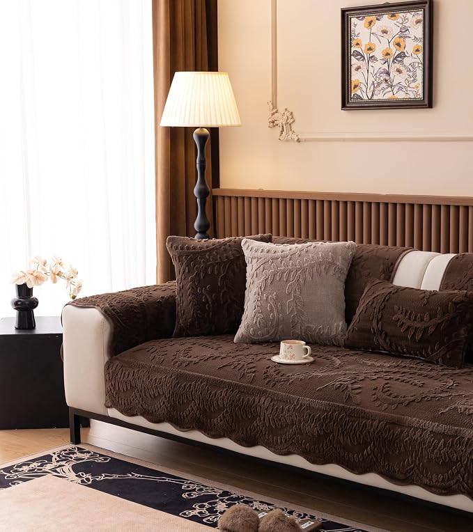 Fuzzy Rabbit Plush Sofa Cover Cozy Warm Sofa Couch Covers with 3D Jacquard Leaf Pattern Non-Slip Easy-to-Install Shaggy Sofa Slipcover Prefect for Kids Dogs Cats Cats(Caramel,36"x47")