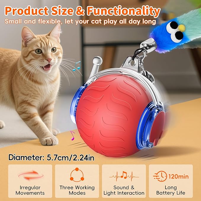 UPSKY Interactive Cat Toy Ball for Indoor Cats, Automatic Moving Electric Rolling Cat Ball Toy, 3-Speed Modes Smart Kitten Toys with Sounds, USB Rechargeable & Sturdy for Bored Kittens/Adult Cats