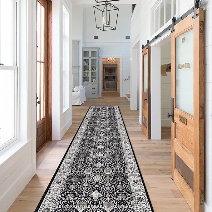 Hallway Washable Runner Rug - 2x10 Kitchen Rugs Entryway Rug Runner Vintage Soft Floor Mat Non Slip Indoor Farmhouse Carpet for Bathroom Living Room Bedroom(2 X 10, Black)