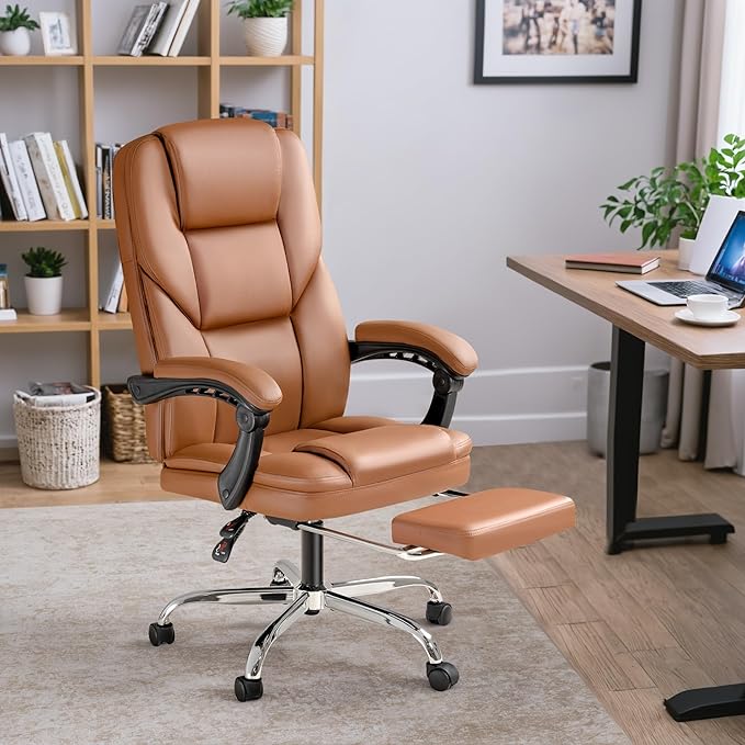 Furmax Executive Office Chair with Foot Rest Big and Tall Office Chair Ergonomic Home Office Desk Chairs Reclining High Back Leather Chair with Lumbar Support, 400LBS (Brown)