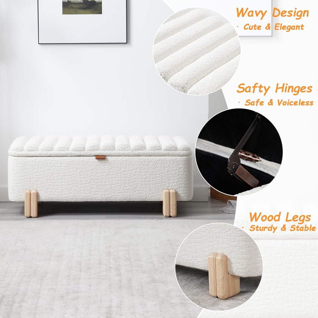 Kmax 45" Storage Bench Faux Fur Entryway Bench Upholstered Ottoman Bench with Wavy Top & Safty Hinge for Bedroom Living Room Hallway, White
