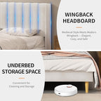 Twin Size Upholstered Platform Bed Frame with Modern Wingback & Vertical Panel Headboard, Velvet Fabric, Wooden Legs & Slats Support, No Box Spring Needed, Noise-Free & Easy Assembly, Cream