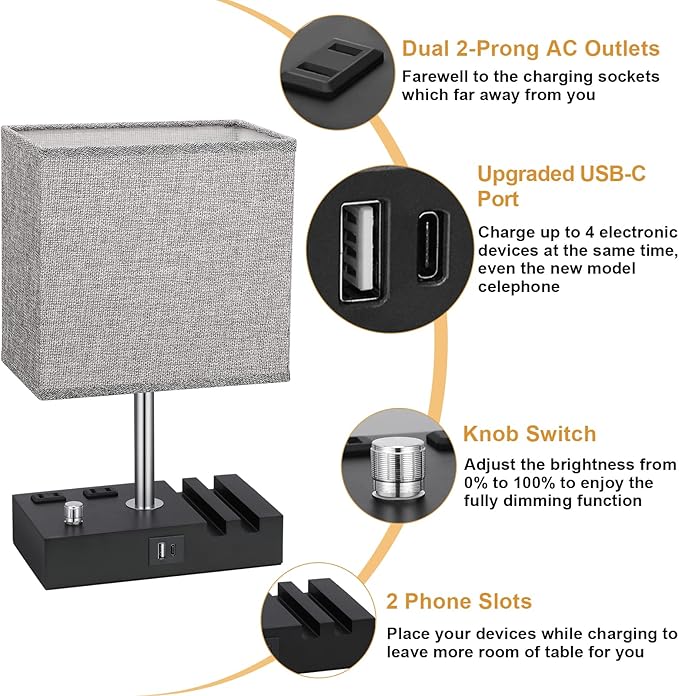 Kakanuo Fully Dimmable Nightstand Lamp for Bedroom with USB C Ports, Grey Small Bedside Table Lamp with Charging Outlets and Phone Stands, Wooden Desk Lamp for Living Room, LED Bulb Included