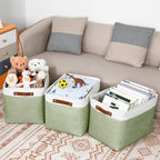 DULLEMELO 16 inch Fabric Storage Basket, Decorative Storage Boxes with Leather Handle for Closet Shelf Nursery, Collapsible Linen Storage Bins for Organizing Toys Book Towel Organizers(White&Green)