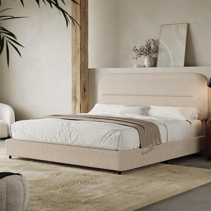 HOMBCK Bed Frame Queen Size, Boucle Upholstered Platform Queen Bed Frame with Headboard, Soft Headboard with Rounded Corners Design, Wood Slats, No Box Spring Required, Easy Assembly, Beige