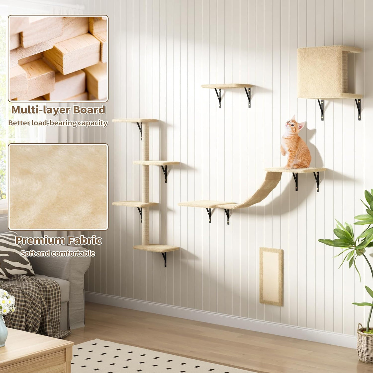 COZIWOW Wall Mounted Cat Furniture, Cat Wall Shelves and Perches, Floating Cat Shelves for Wall Set of 5(Beige)