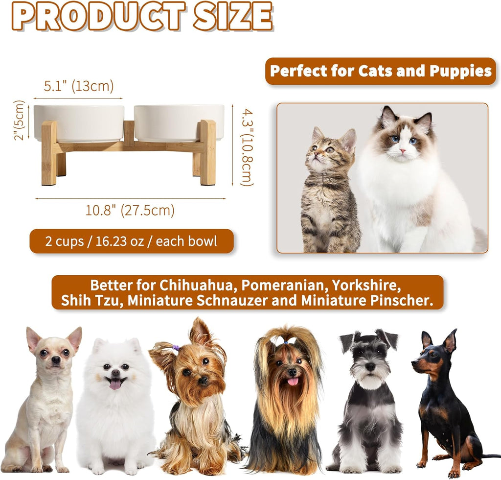Elevated Ceramic Dog Bowl Set - Raised Feeding Bowls with Non-Slip Bamboo Stand - Small Pet Dishes for Food and Water - Ideal for Cats and Puppies - 16.23 OZ - 2 Cups - 480 ML