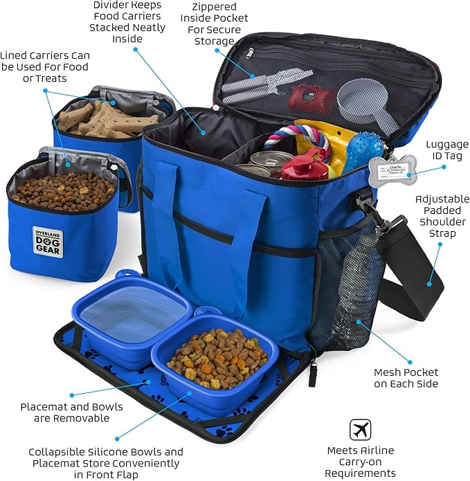 Mobile Dog Gear Week Away Airline Approved Dog Travel Bag (15"x7"x14", Blue) - Includes 2 Pet Food Storage Containers + 2 Collapsible Dog Water Bowls