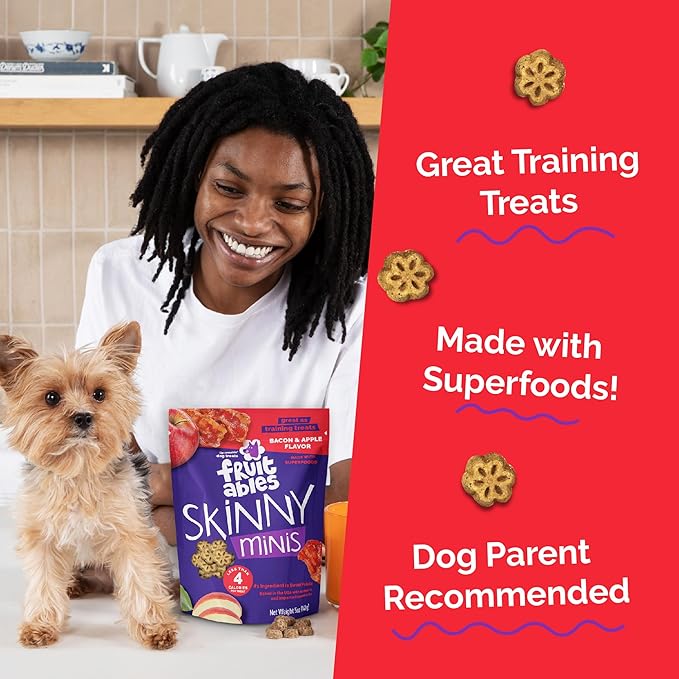 Fruitables Skinny Mini Dog Treats, Healthy Sweet Potato Treat for Dogs, Low Calorie & Delicious, Puppy Training, No Wheat, Corn or Soy, Made in the USA, Bacon and Apple Flavor, 5oz