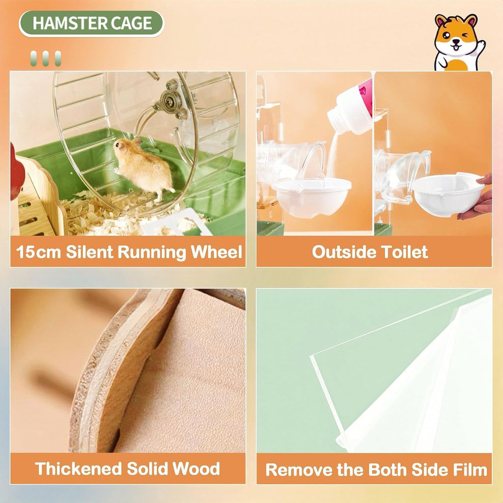 8 in 1 Clear Acrylic Hamster Cage with All Accessories,13.5''L* 10''W* 13''H Dwarf Hamster Cage,Small Hamster Habitat,Garden Style Mouse Cage for Pet Mice,Hamster Enclosure with Stairs(1-Layer)
