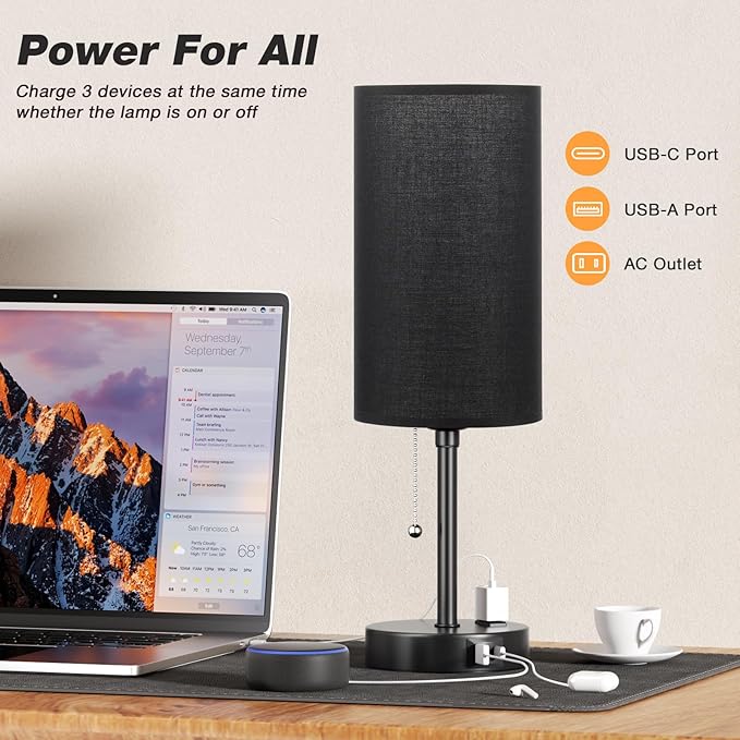Dicoool 17Inch Tall Bedroom Lamps with USB C and A Ports 3 Color Temperatures - Pull Chain Black Nightstand Bedside Table Lamp with AC Outlet, Side Lamp for Living Room End Table