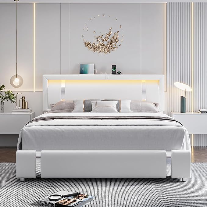 Keyluv Queen Bed Frame with RGB LED Lights Headboard & 2 Storage Drawers, Modern Upholstered Faux Leather Smart Platform Iron Metal Decor, USB USB-C Charging Ports, No Box Spring Needed, White