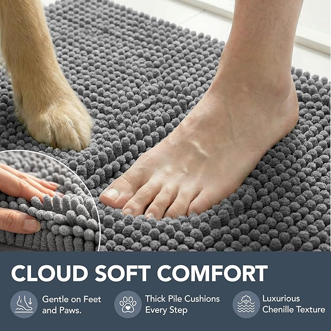 Deconovo Plush Waterproof Mats for Dogs, Absorbent Non-Slip Door Mat for Muddy Paws, 1.1" Thick Indoor Mat, Machine Washable Shaggy Pet Bed Mat, Quick Dry Indoor Entryway Rug, Gray, 32x20 Inch