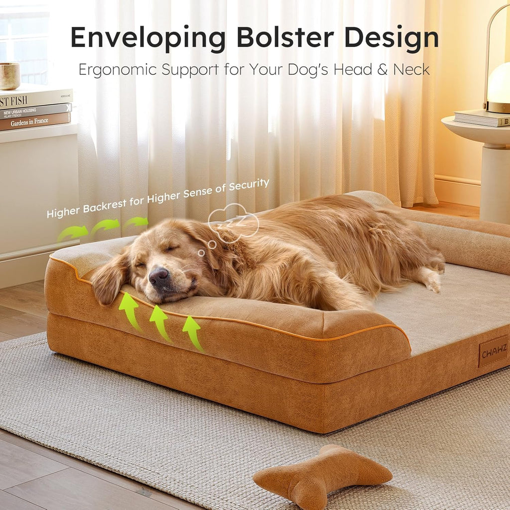 Extra Large Dog Bed, Orthopedic Dog Beds with Cooling Gel Memory Foam, Waterproof XL Pet Bed with Removable Washable Cover, 42" Pet Sofa Couch Dutch Velvet with Bone Toy, Brown
